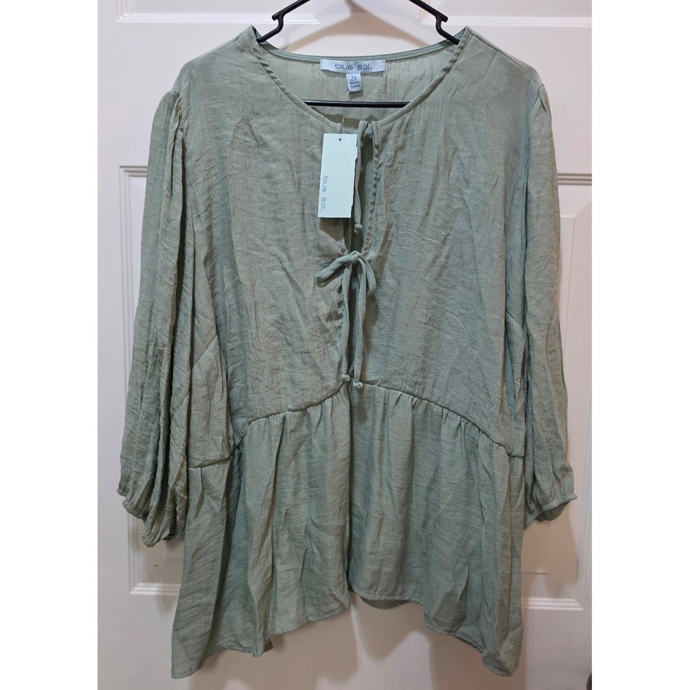 NWT Blue Sol Sage Green Peasant Blouse Babydoll Tie-Front Top - Size 2X